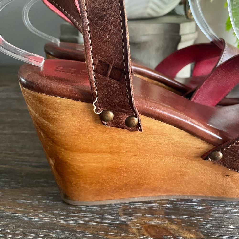 Bed|Stu Grettell Leather Wood Platform Studded Wedge Sandals 10 Brown Burgundy - Picture 10 of 12